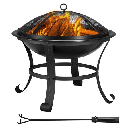 Yaheetech 22inch Outdoor Fire Pit Round Steel Fire Bowl Grill Fire Pit with Mesh Screen Cover Fire Poker Log Grate for Patio BBQ Camping Bonfire,Matt Black