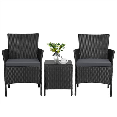 Yaheetech 3 Pieces Suit Wicker Set Rattan Chairs Cushion PE Wicker Stacking Chair Side Table Bistro Patio Porch Outdoor Garden Furniture,Black/Grey