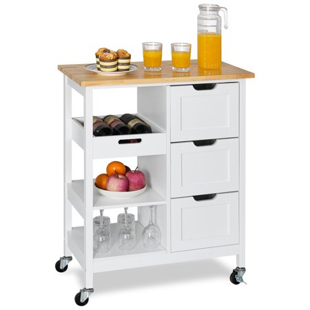 YITAHOME Mobile Rolling Kitchen Island Cart with Cabinet & Drawers & Towel Bar with 3 Drawers and 3 Storage Shelves, White