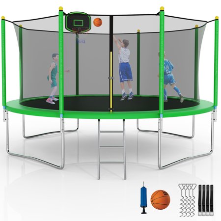 YORIN 1000LBS 12FT 14FT 15FT Trampoline for Kids Adults, Trampoline with Safety Enclosure Net, Basketball Hoop and Ladder, ASTM & Chemical Test Approved Outdoor Heavy-Duty Trampoline
