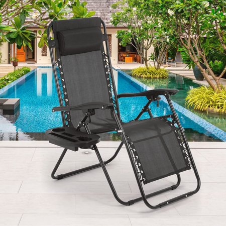 Zero Gravity Chair,Zero Gravity Lounge Chair,1 Pack Folding Lawn chair Adjustable reclining patio chairs with Pillow and Side Table For Pool Yard with Cup Holder,Black