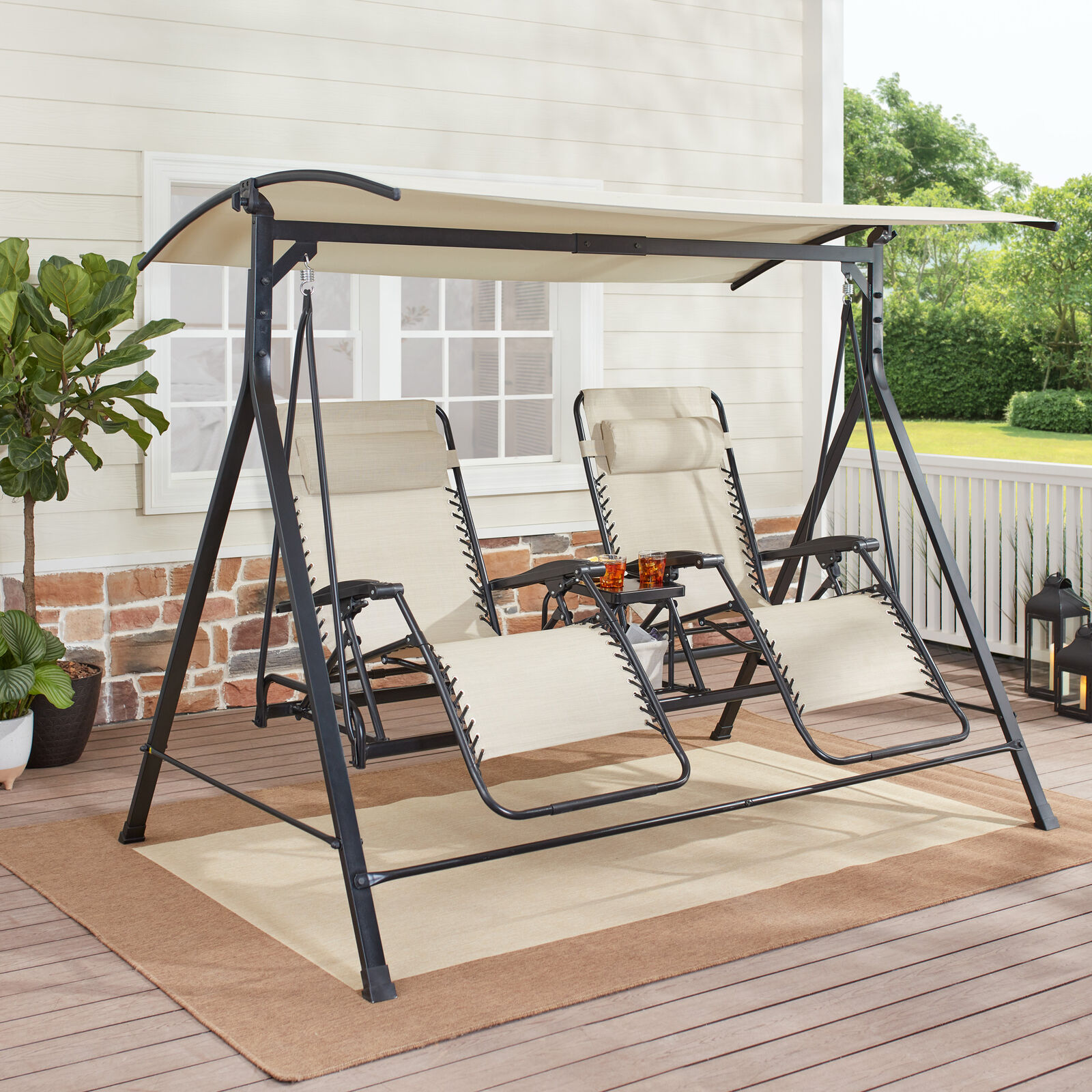 Zero-Gravity Steel Porch Reclining Swing Table Patio Porch Deck - Beige/Black