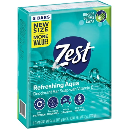 Zest Deodorant Bar Soap, Hydrating Moisture for All Skin Types, Aqua, 4 oz, 8 Bars