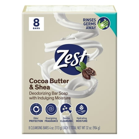 Zest Cocoa Butter & Shea Bar Soap, for All Skin Types, 4 oz, 8 Bars