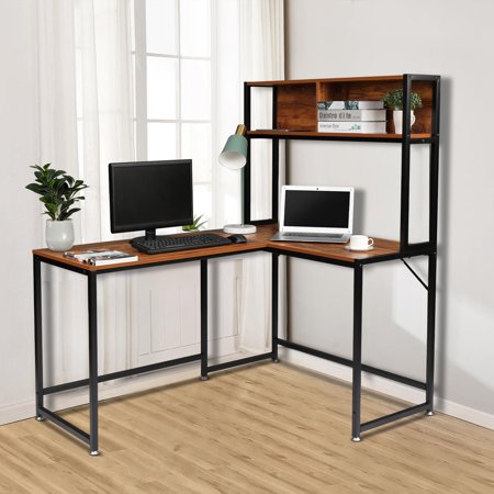 Zimtown L-Shape Corner Computer Table Desk with Hutch Wooden Laptop Table Workstation with Storage Bookshelf for Home Office
